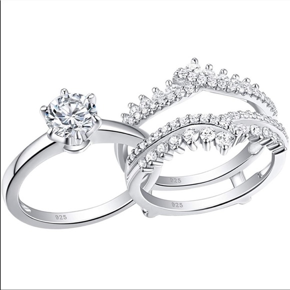 𝅺COPY - 925 Silver Moissanite Engagement Ring Wedding Band Set - Picture 4 of 9